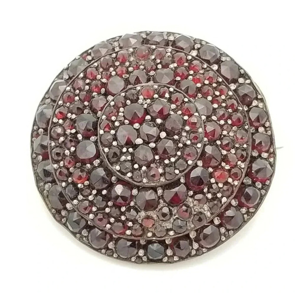 Antique Bohemian Rose Cut Garnets Round 3 Tier Pin - Picture 1 of 4